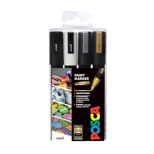 POSCA 153544852 PC-5M „Mono Paint in a Pen“-Set, 2,5 mm breite Kugelspitze, wasserbasierte Filzstifte, 4 Farben von POSCA