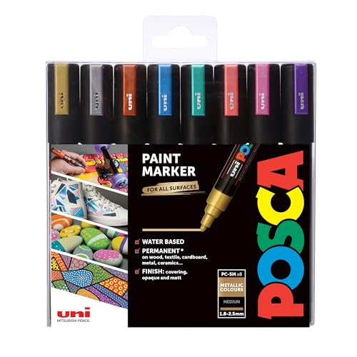 POSCA 153544855 PC-5M „Metallic Paint in a Pen“-Set, 2,5 mm breite Kugelspitze, wasserbasierte Filzstifte, 8 Farben von POSCA