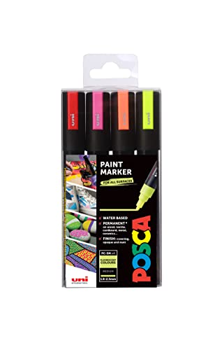 POSCA 153544858 PC-5M „Fluorescent Paint in a Pen“-Set, 2,5 mm breite Kugelspitze, wasserbasierte Filzstifte, 4 Farben von POSCA
