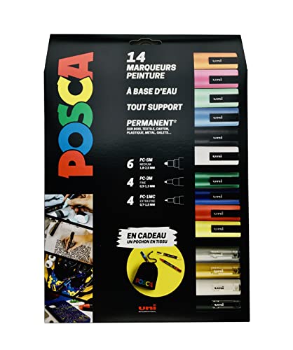 POSCA Uni Mitsubishi Pencil – Maxi-Pack mit mehreren Spitzen – 14 Marker für Farbe auf Wasserbasis – alle Untergründe – verschiedene Farben und Spitzen – inkl. Tasche von POSCA