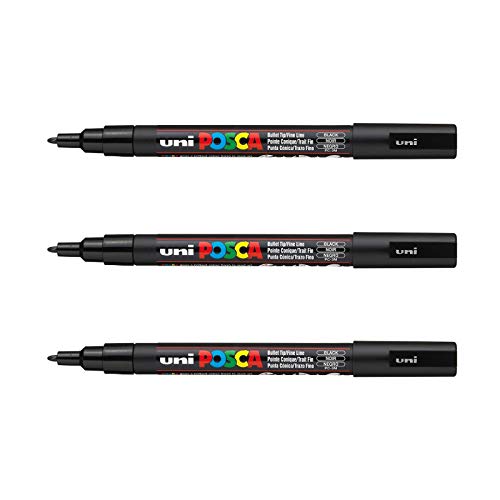 POSCA Mitsubishi Pencil – 3 Marker schwarz PC3M – Kegelspitze feine Spitze – Farbmarker auf Wasserbasis – für Papier, Textilien, Glas, Kieselstein, Holz usw. von POSCA