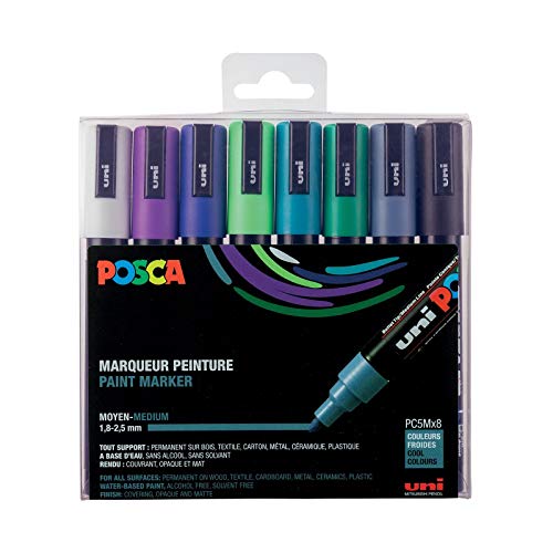 POSCA Mitsubishi Pencil – 8 Marker PC5M – konische Spitze – kalte Farben, mittlere Spitze – Marker für Farbe auf Wasserbasis – für Papier, Textilien, Glas, Kieselstein, Holz von POSCA