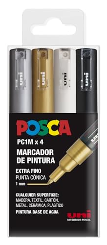 POSCA UNI Posca Set PC 1M - 4 Stifte, Feine Spitze, Mattes Finish, Nachfüllbar, Hohe Deckkraft, Silber, Gold, Weiß, Schwarz von POSCA