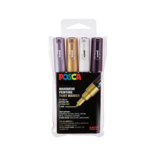 POSCA Mitsubishi Pencil – 4 Metallic-Marker PC1MC extra feine konische Spitze – Farbmarker auf Wasserbasis – Allzweck-Marker – für Papier, Textil, Glas, Kiesel, Holz usw. von POSCA