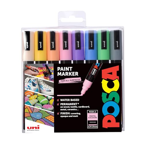 Posca 153544854 PC-5M „Pastel Paint in a Pen“-Set, 2,5 mm breite Kugelspitze, wasserbasierte Filzstifte, 8 Farben von POSCA