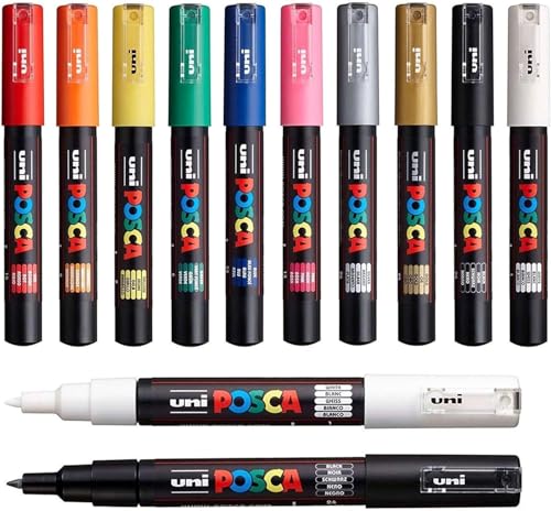 Posca PC-1M Art Paint Marker Stifte – Professionelles Set mit 12 Stück – Enthält extra Schwarz und Weiß von POSCA