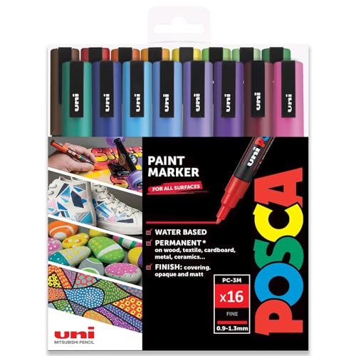 Posca PC-3M Permanent-Marker auf Wasserbasis, 0,9–1,3 mm, Vollspektrum-Set mit 16 Stiften – in Kunststoff-Geschenktasche von POSCA