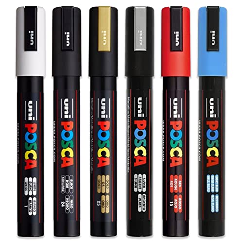 Posca PC-5M Paint Pen Art Marker Stifte – Stoff Glas Metall Stifte – Set mit den 6 beliebtesten Farben von POSCA