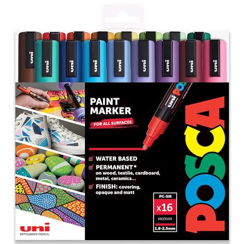 Posca PC-5M Permanent-Marker auf Wasserbasis, 1,8–2,5 mm, Vollspektrum, 16 Stück, in Kunststoff-Geschenktasche von POSCA