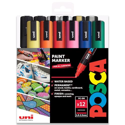 Posca PC-5M Permanentmarker, wasserbasiert, professionelles 12-Stift-Set, 1,8–2,5 mm, mittelgroß, extra schwarz + weiß, in Geschenktasche von POSCA