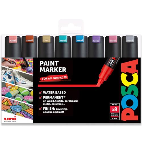 Posca PC-8K Permanent-Marker Stifte auf Wasserbasis, 8 mm Keilspitze, 8 Stück in Kunststoffhülle, Metallic-Töne von POSCA