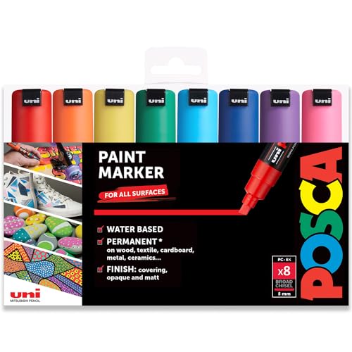 Posca PC-8K Permanent-Marker Stifte auf Wasserbasis, 8 mm Keilspitze, 8 Stück in Kunststoffhülle, Essential Tones von POSCA