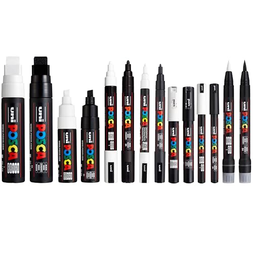 Posca Paint Marker Art Pens – Schwarz und Weiß, Set mit 14 Stiften (PC-1MR, PC-1M, PC-3M, PC-5M, PC-8K, PC-17K, PCF-350) von POSCA