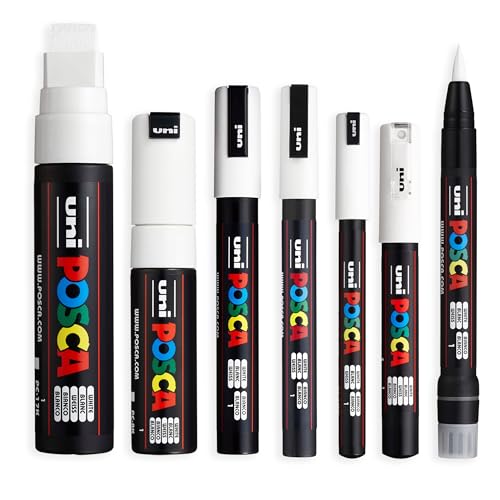 Posca Paint Marker Art Pens - Set mit 7 Stiften (PC-1MR, PC-1M, PC-3M, PC-5M, PC-8K, PC-17K, PCF-350 - weiße Tinte von POSCA