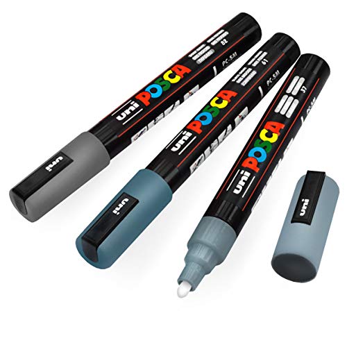 POSCA Paint Marker Set mit 3 mittelgroßen Grautönen; 5M Marker mit wendbarer, kugelförmiger Spitze; Acrylfarbstifte Stifte für Kunstbedarf; Stofffarbe; Stoffmarker von POSCA