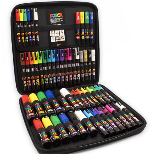 Posca Permanent-Marker auf Wasserbasis, PC-1MR / PC-1M / PC-3M / PC-5M / PC-7M / PC-17K Federn, für verschiedene Oberflächen geeignet, Geschenketui mit 54 Stiften von POSCA