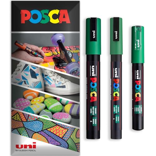 Posca Permanent-Marker auf Wasserbasis, für verschiedene Oberflächen, PC-1M, PC-3M, PC-5M, Packung mit 3 Stiften in Brieftasche, Grün von POSCA