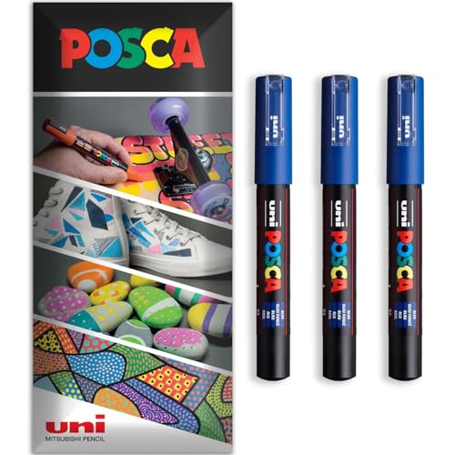 Posca Permanent-Marker auf Wasserbasis, für verschiedene Oberflächen, PC-1M, Packung mit 3 Stiften in Brieftasche, Blau von POSCA