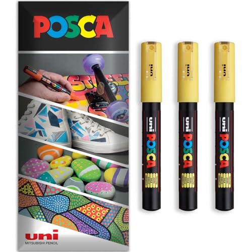 Posca Permanent-Marker auf Wasserbasis, für verschiedene Oberflächen, PC-1M, Packung mit 3 Stiften in Brieftasche, Gelb von POSCA