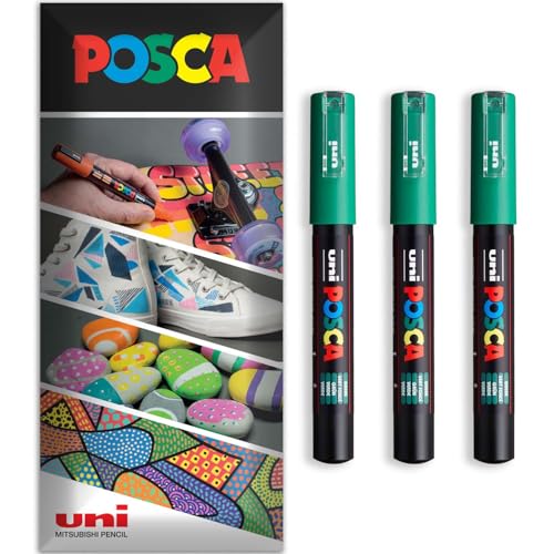 Posca Permanent-Marker auf Wasserbasis, für verschiedene Oberflächen, PC-1M, Packung mit 3 Stiften in Brieftasche, Grün von POSCA