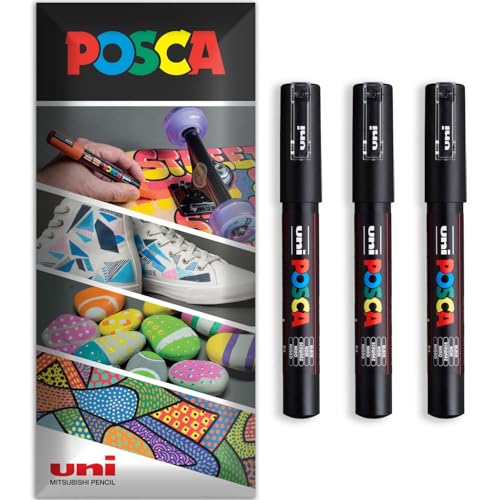 Posca Permanent-Marker auf Wasserbasis, für verschiedene Oberflächen, PC-1M, Packung mit 3 Stiften in Brieftasche, Schwarz von POSCA