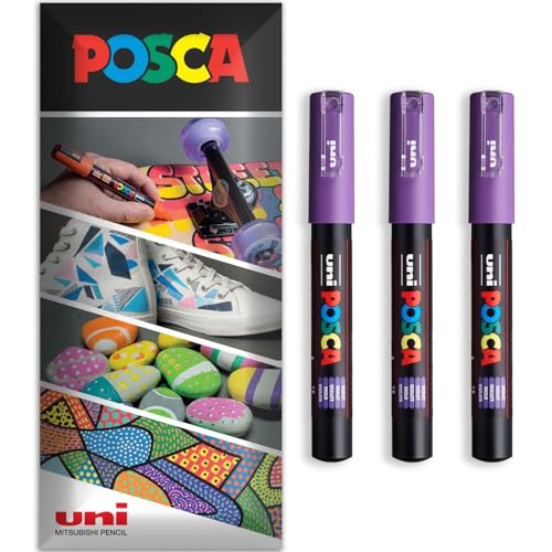 Posca Permanent-Marker auf Wasserbasis, für verschiedene Oberflächen, PC-1M, Packung mit 3 Stiften in Brieftasche, Violett von POSCA