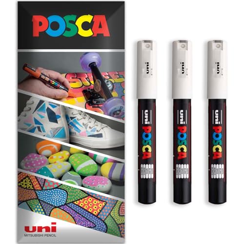 Posca Permanent-Marker auf Wasserbasis, für verschiedene Oberflächen, PC-1M, Packung mit 3 Stiften in Brieftasche, Weiß von POSCA