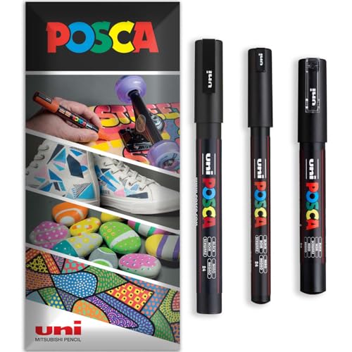 Posca Permanent-Marker auf Wasserbasis, für verschiedene Oberflächen, PC-1MR, PC-1M, PC-3M, Packung mit 3 Stiften in Brieftasche, Schwarz von POSCA