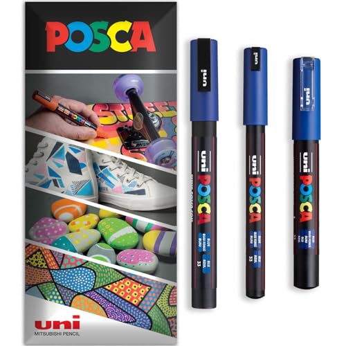 Posca Permanent-Marker auf Wasserbasis, für verschiedene Oberflächen, PC-1MR, PC-1M, PC-3M, Packung mit 3 Stiften in Brieftasche, Blau von POSCA