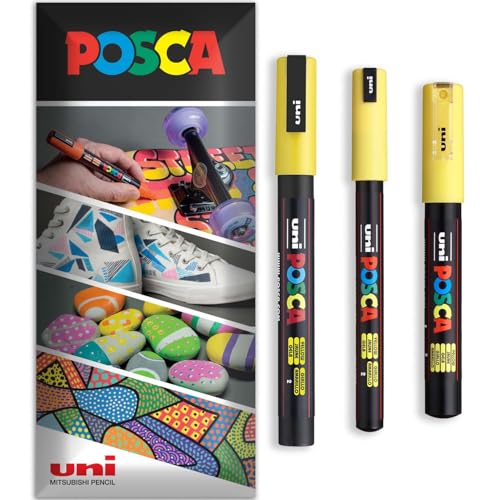 Posca Permanent-Marker auf Wasserbasis, für verschiedene Oberflächen, PC-1MR, PC-1M, PC-3M, Packung mit 3 Stiften in Brieftasche, Gelb von POSCA