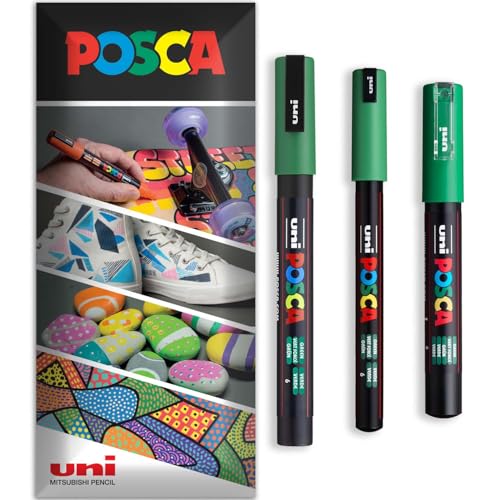 Posca Permanent-Marker auf Wasserbasis, für verschiedene Oberflächen, PC-1MR, PC-1M, PC-3M, Packung mit 3 Stiften in Brieftasche, Grün von POSCA