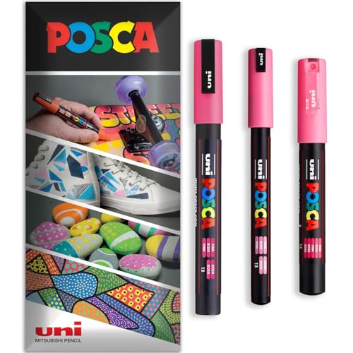 Posca Permanent-Marker auf Wasserbasis, für verschiedene Oberflächen, PC-1MR, PC-1M, PC-3M, Packung mit 3 Stiften in Brieftasche, Rosa von POSCA