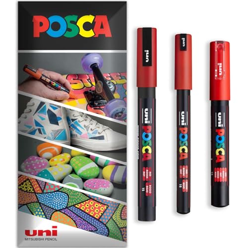 Posca Permanent-Marker auf Wasserbasis, für verschiedene Oberflächen, PC-1MR, PC-1M, PC-3M, Packung mit 3 Stiften in Brieftasche, Rot von POSCA