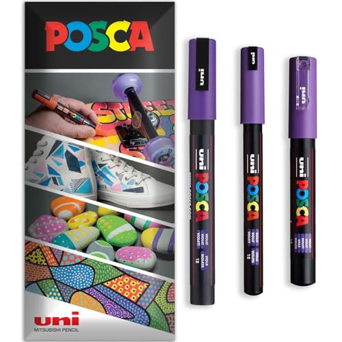 Posca Permanent-Marker auf Wasserbasis, für verschiedene Oberflächen, PC-1MR, PC-1M, PC-3M, Packung mit 3 Stiften in Brieftasche, Violett von POSCA