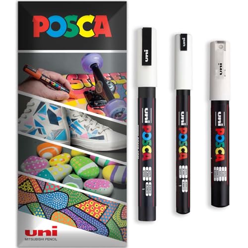 Posca Permanent-Marker auf Wasserbasis, für verschiedene Oberflächen, PC-1MR, PC-1M, PC-3M, Packung mit 3 Stiften in Brieftasche, Weiß von POSCA