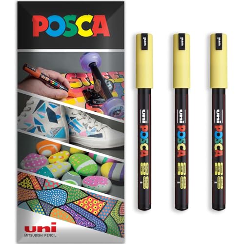 Posca Permanent-Marker auf Wasserbasis, für verschiedene Oberflächen, PC-1MR, Packung mit 3 Stiften in Brieftasche, Gelb von POSCA