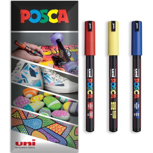 Posca Permanent-Marker auf Wasserbasis, für verschiedene Oberflächen, PC-1MR, Packung mit 3 Stiften in Brieftasche, Rot, Gelb, Blau von POSCA