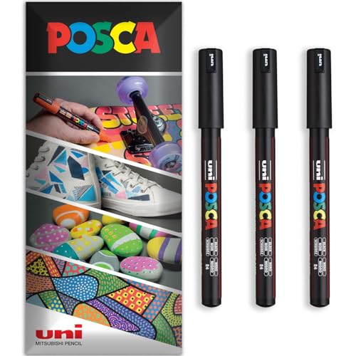 Posca Permanent-Marker auf Wasserbasis, für verschiedene Oberflächen, PC-1MR, Packung mit 3 Stiften in Brieftasche, Schwarz von POSCA