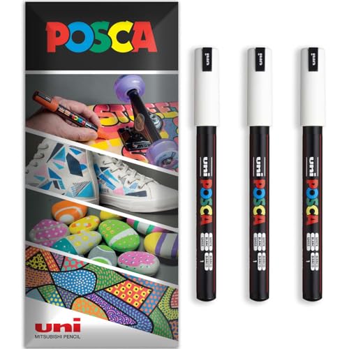 Posca Permanent-Marker auf Wasserbasis, für verschiedene Oberflächen, PC-1MR, Packung mit 3 Stiften in Brieftasche, Weiß von POSCA