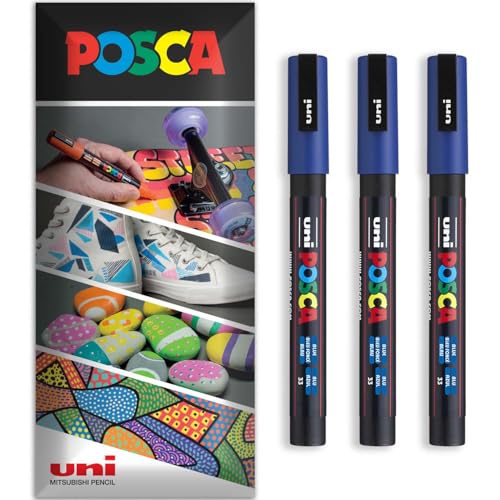 Posca Permanent-Marker auf Wasserbasis, für verschiedene Oberflächen, PC-3M, Packung mit 3 Stiften in Brieftasche, Blau von POSCA