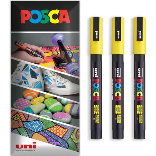 Posca Permanent-Marker auf Wasserbasis, für verschiedene Oberflächen, PC-3M, Packung mit 3 Stiften in Brieftasche, Gelb von POSCA