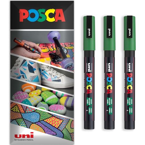 Posca Permanent-Marker auf Wasserbasis, für verschiedene Oberflächen, PC-3M, Packung mit 3 Stiften in Brieftasche, Grün von POSCA