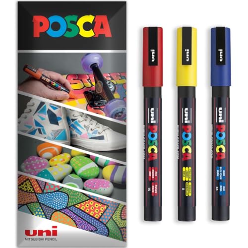 Posca Permanent-Marker auf Wasserbasis, für verschiedene Oberflächen, PC-3M, Packung mit 3 Stiften in Brieftasche, Rot, Gelb, Blau von POSCA