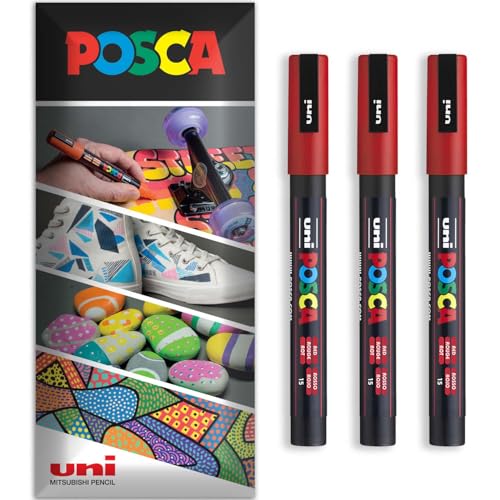 Posca Permanent-Marker auf Wasserbasis, für verschiedene Oberflächen, PC-3M, Packung mit 3 Stiften in Brieftasche, Rot von POSCA