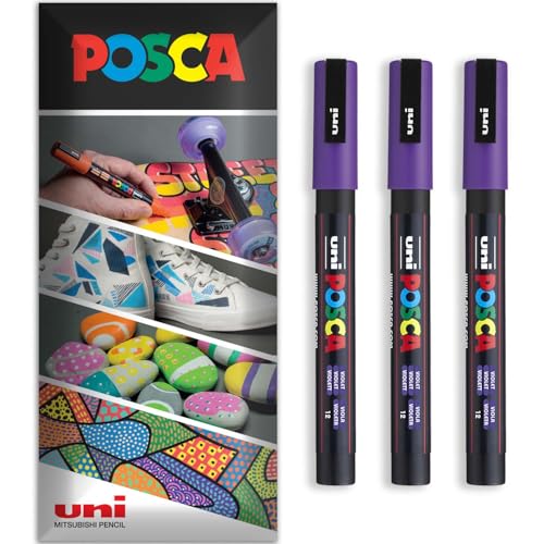 Posca Permanent-Marker auf Wasserbasis, für verschiedene Oberflächen, PC-3M, Packung mit 3 Stiften in Brieftasche, Violett von POSCA