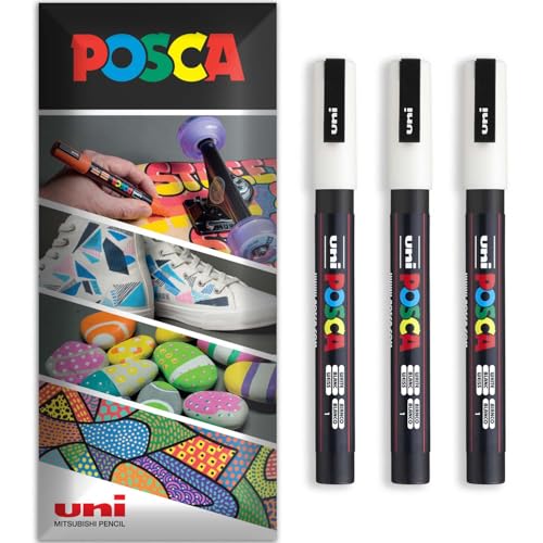 Posca Permanent-Marker auf Wasserbasis, für verschiedene Oberflächen, PC-3M, Packung mit 3 Stiften in Brieftasche, Weiß von POSCA