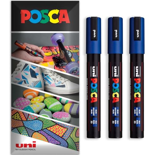 Posca Permanent-Marker auf Wasserbasis, für verschiedene Oberflächen, PC-5M, Packung mit 3 Stiften in Brieftasche, Blau von POSCA