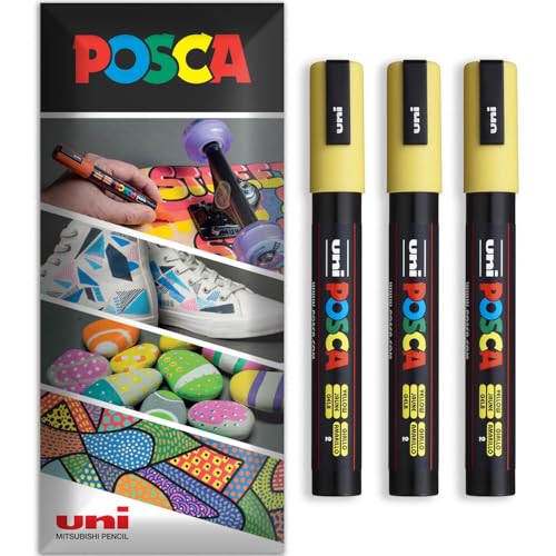 Posca Permanent-Marker auf Wasserbasis, für verschiedene Oberflächen, PC-5M, Packung mit 3 Stiften in Brieftasche, Gelb von POSCA