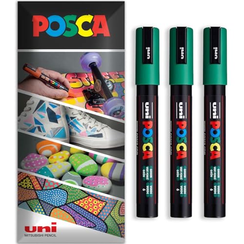 Posca Permanent-Marker auf Wasserbasis, für verschiedene Oberflächen, PC-5M, Packung mit 3 Stiften in Brieftasche, Grün von POSCA