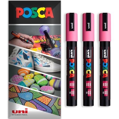 Posca Permanent-Marker auf Wasserbasis, für verschiedene Oberflächen, PC-5M, Packung mit 3 Stiften in Brieftasche, Rosa von POSCA